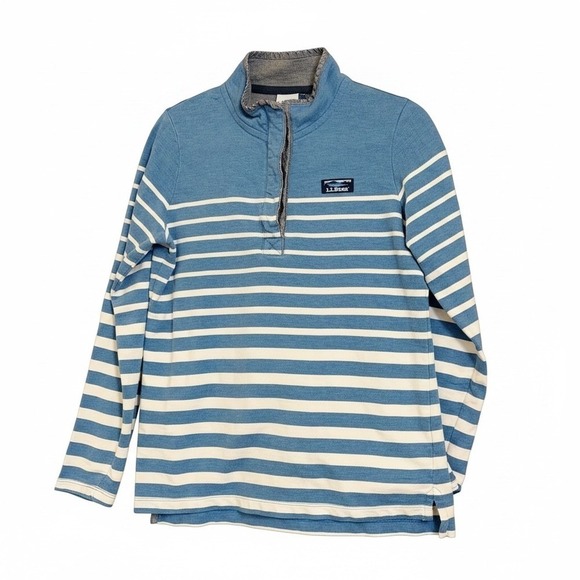 L.L. Bean Tops - LL Bean Pullover Women S Blue White Striped Logo Button Mock Neck Sweatshirt